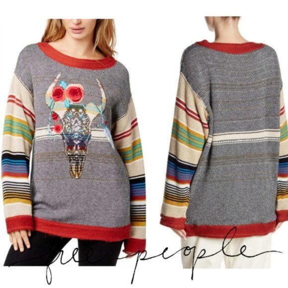 Free People Oversized Embroidered Desert Rose Knit Sweater Small - Picture 1 of 5